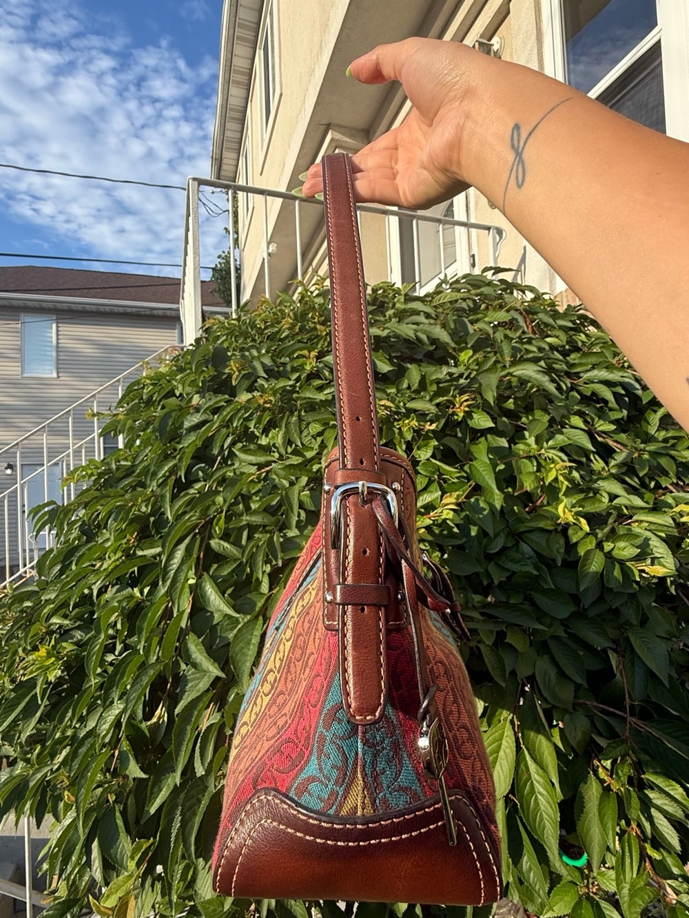 Vintage Y2K Fossil Multicolor Stripe Shoulder Leather Canvas Boho Baguette Purse - Picture 6 of 8